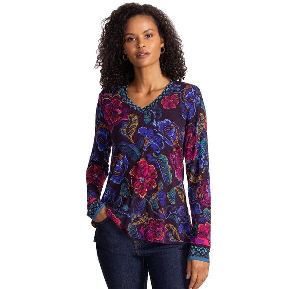 Johnny Was Janie Favorite Aphaia Long Swing Tee Floral Shirt Blue Pink Top NEW - Picture 2 of 7